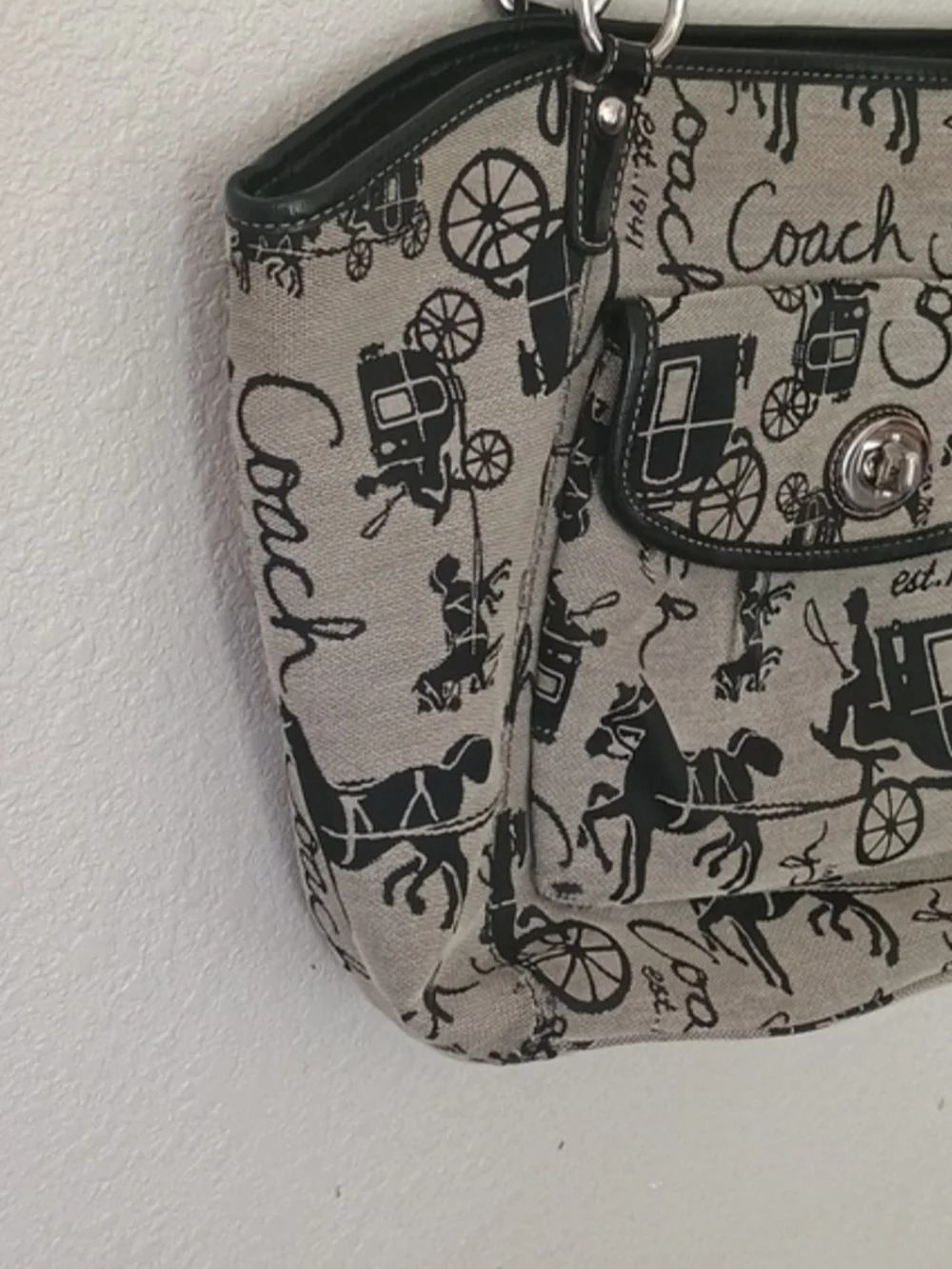Coach Black and Cream Signature Horse & Carriage Shoulder Bag